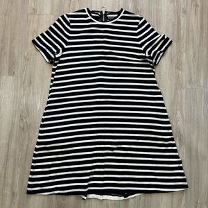 Kate Spade M Navy White Stripe Cotton Dress Medium Heart Zipper Back Pockets